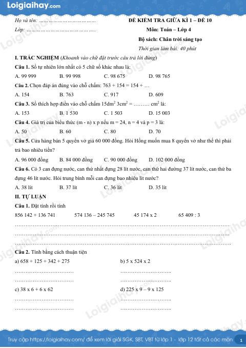 Đề kiểm tra giữa học kì 1 Toán 4 Chân trời sáng tạo - Đề số 10